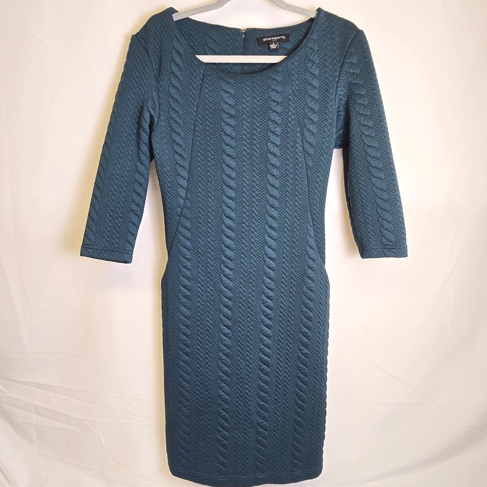 Sharagano Textured Cable Knit Sheath Dress, Pockets 3/4 Sleeves, Green, Size‎ 4